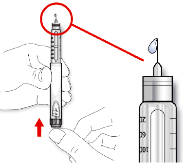 Нажмите на кнопку введения инъекции до упора.  Проверьте, появляется инсулин на кончике иглы.