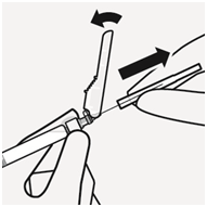 Держа шприц за белый воротничок одной рукой, отвести защитный кожух иглы как показано на рисунке и осторожно снять прозрачный колпачок иглы, не обращая.