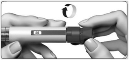 Осторожно поворачивайте ручку дозатора по часовой стрелке до тех пор, пока в окошке контроля дозы не отобразится 25
